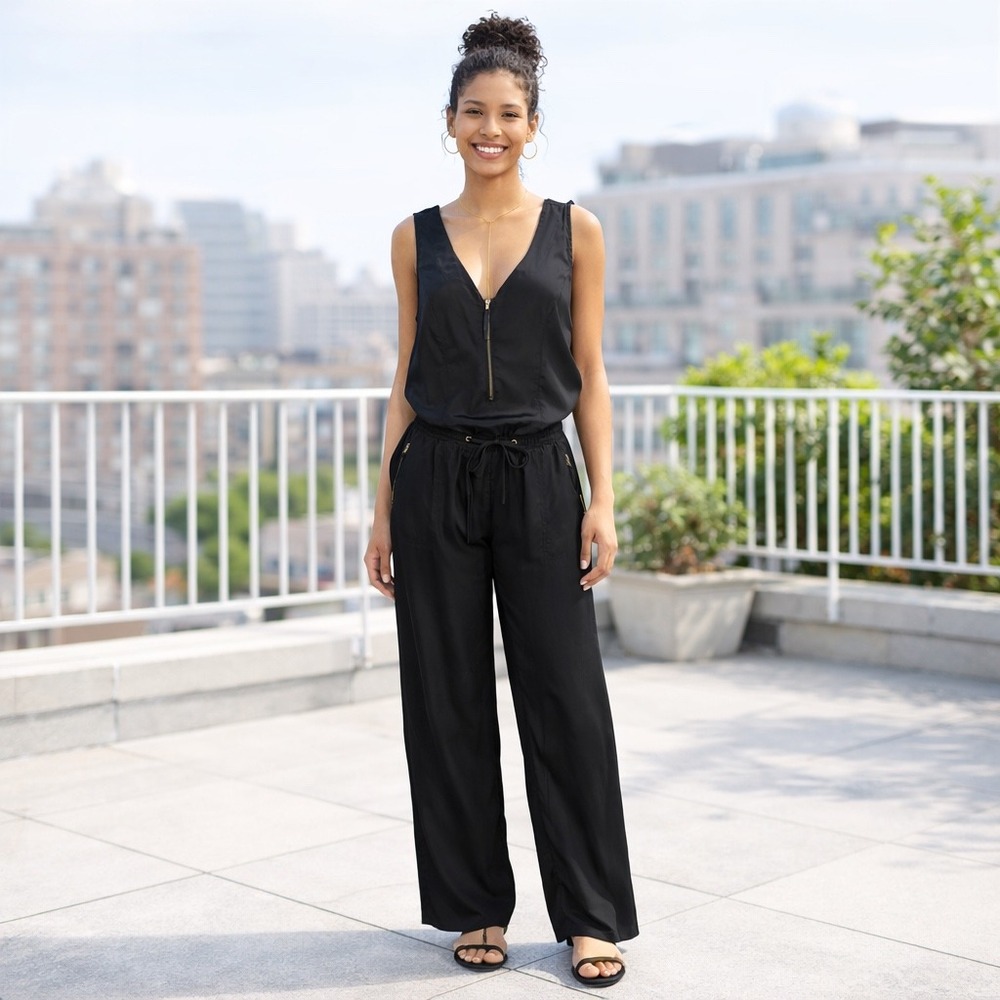 TOXIK3 Black Satin Feel Jumpsuit Wide Leg Zip Front Minimalist Chic Lounge M